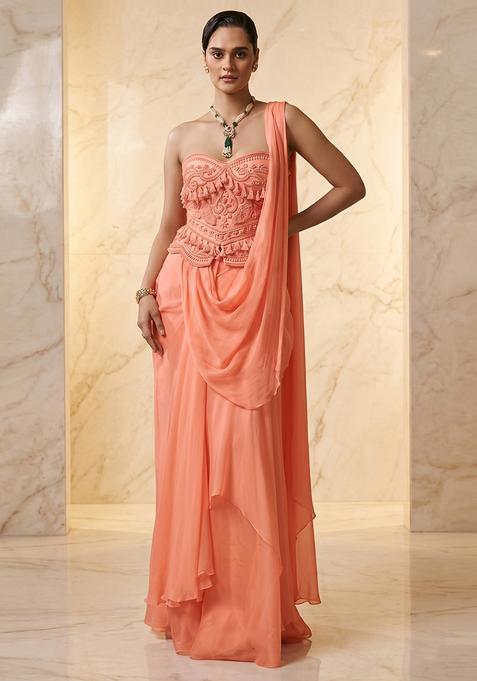 Coral Embroidered Handwork Pre Draped Saree Set