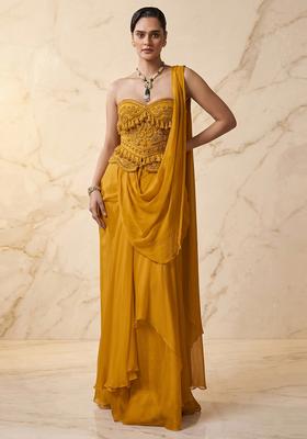 Mustard Yellow Embroidered Handwork Pre Draped Saree Set