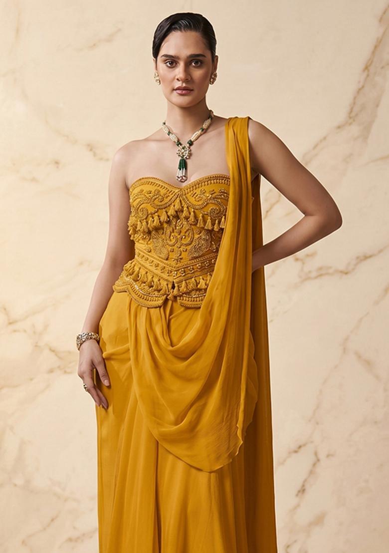 Mustard Yellow Embroidered Handwork Pre Draped Saree Set - Indya