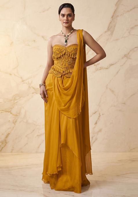 Mustard Yellow Embroidered Handwork Pre Draped Saree Set
