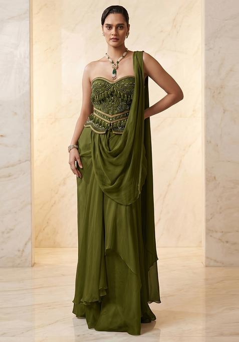 Olive Green Embroidered Handwork Pre Draped Saree Set