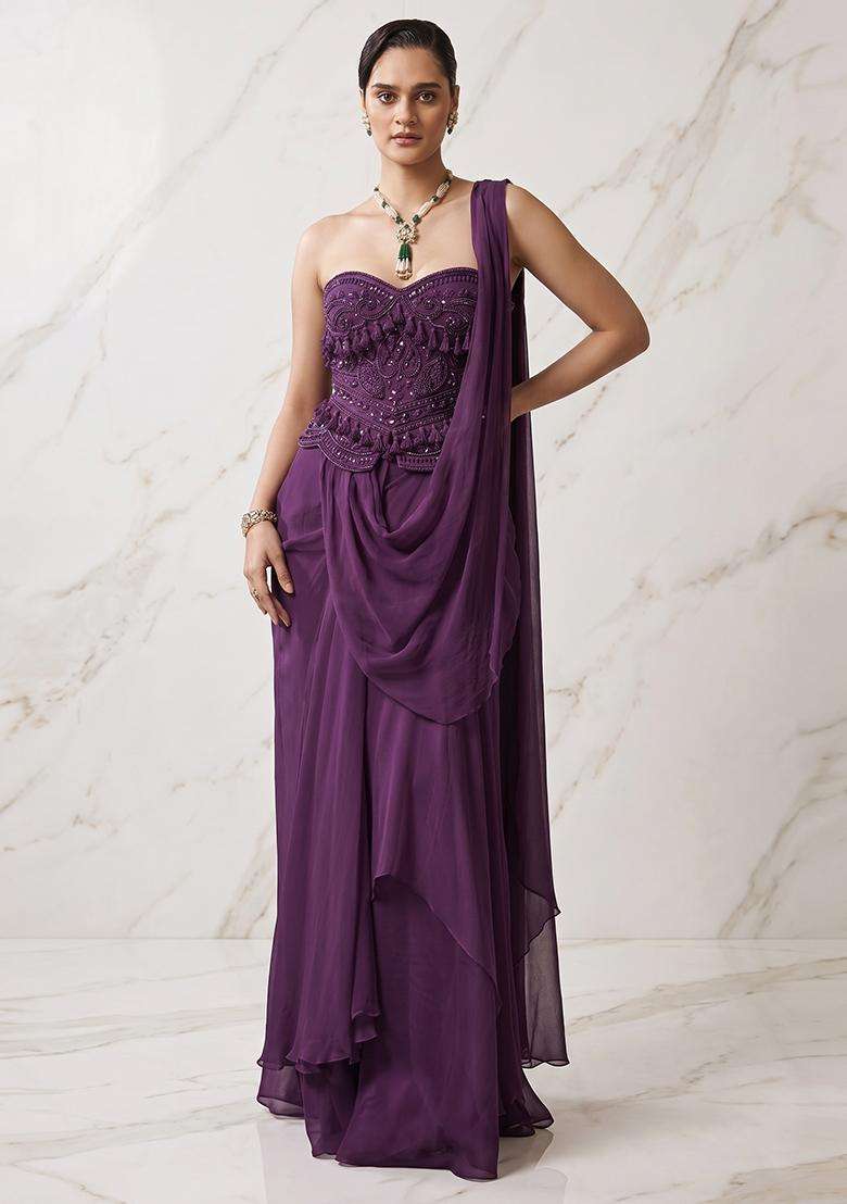 Plum Embroidered Handwork Pre Draped Saree Set - Indya
