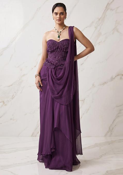 Plum Embroidered Handwork Pre Draped Saree Set