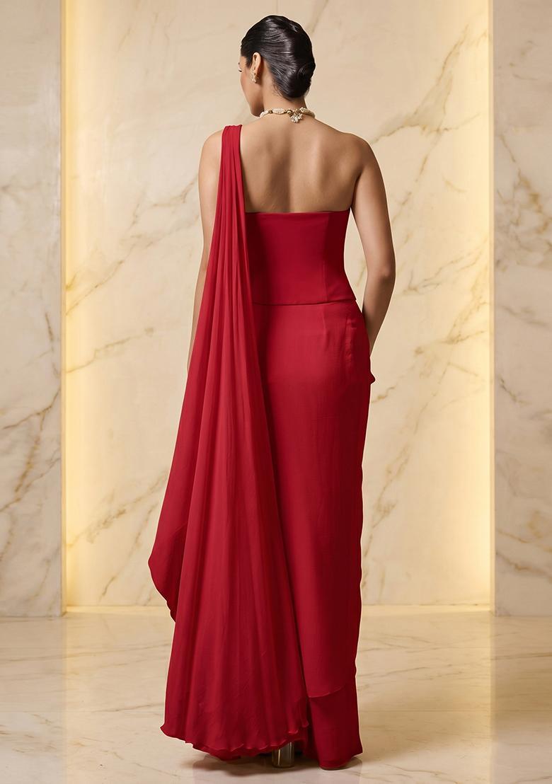 Red Embroidered Handwork Pre Draped Saree Set - Indya