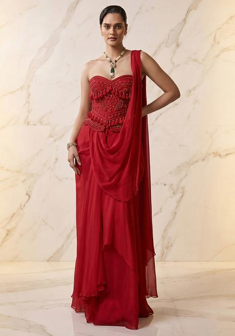 Red Embroidered Handwork Pre Draped Saree Set