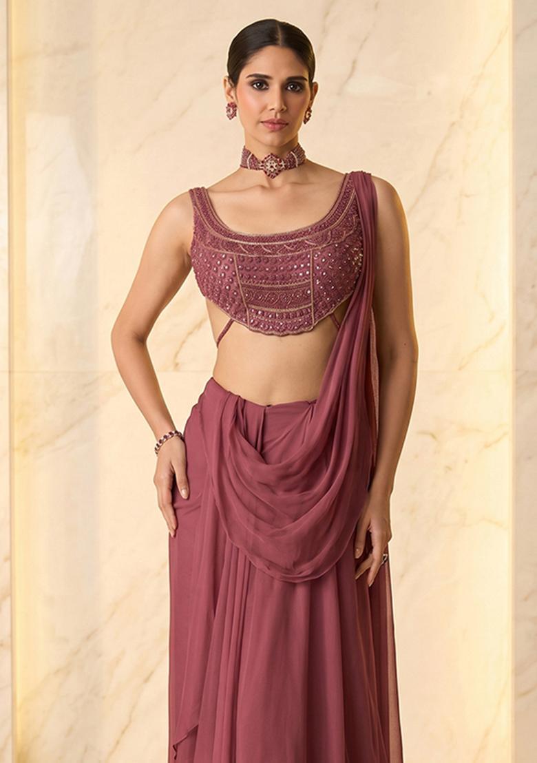 Mauve Embroidered Handwork Pre Draped Saree Set - Indya