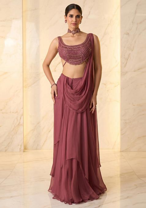 Mauve Embroidered Handwork Pre Draped Saree Set