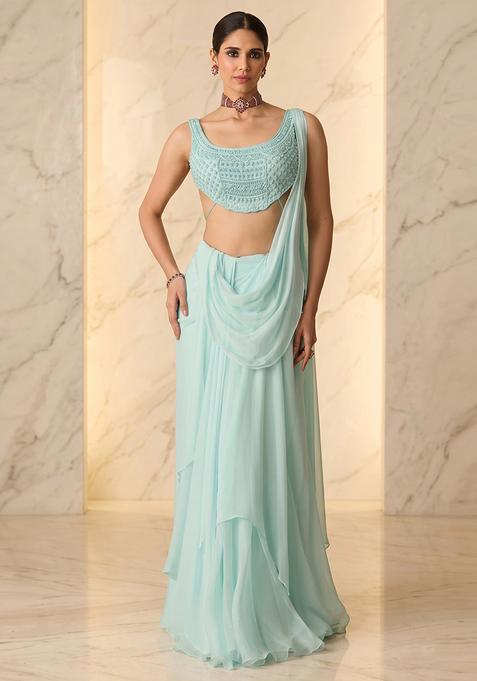 Mint Embroidered Handwork Pre Draped Saree Set