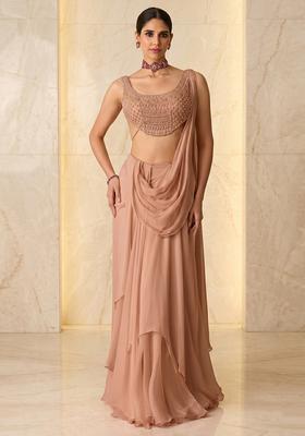 Peach Embroidered Handwork Pre Draped Saree Set