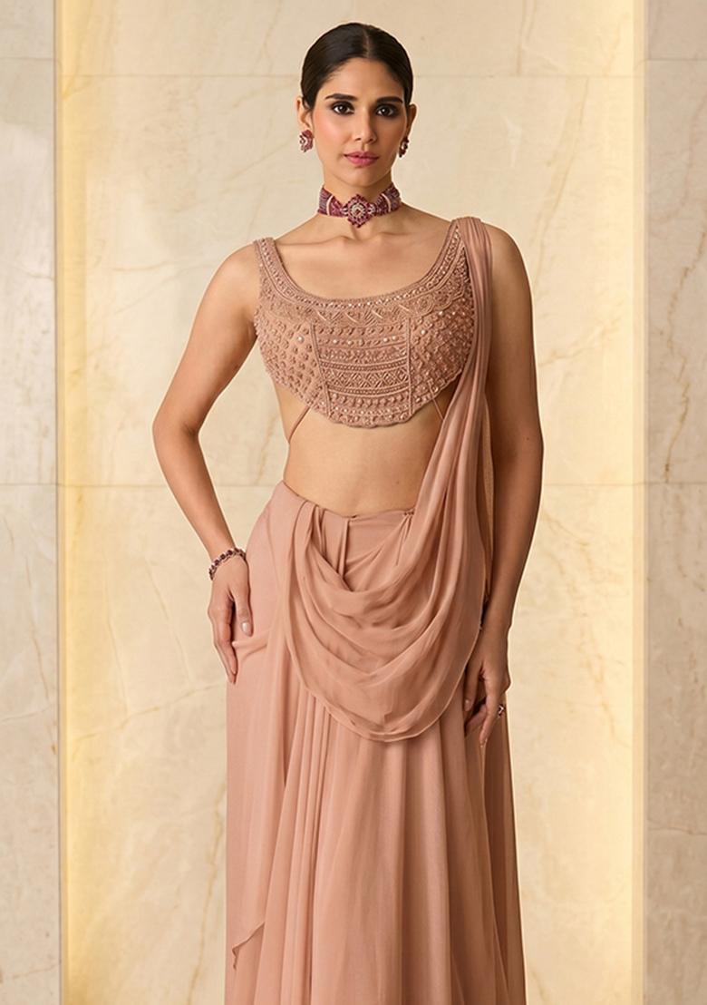 Peach Embroidered Handwork Pre Draped Saree Set - Indya