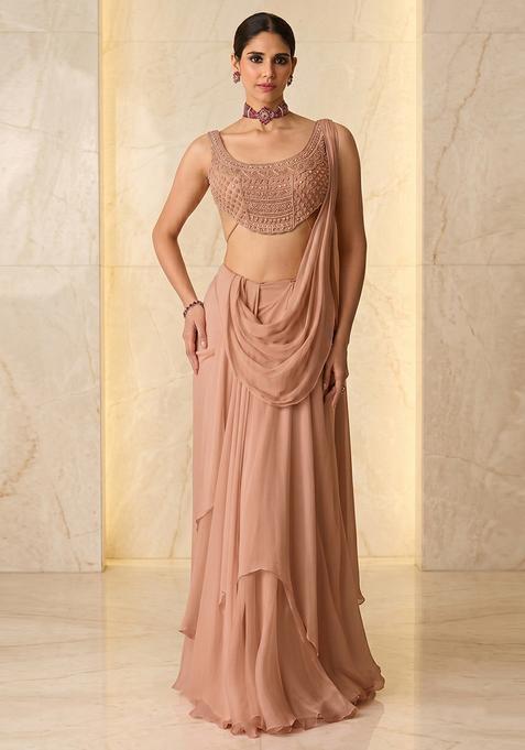 Peach Embroidered Handwork Pre Draped Saree Set