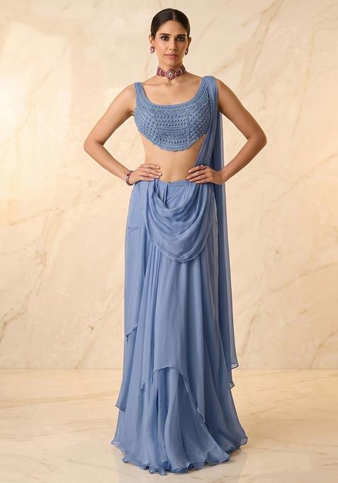Powder Blue Embroidered Handwork Pre Draped Saree Set