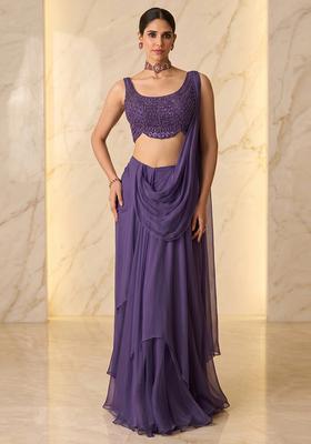 Purple Embroidered Handwork Pre Draped Saree Set