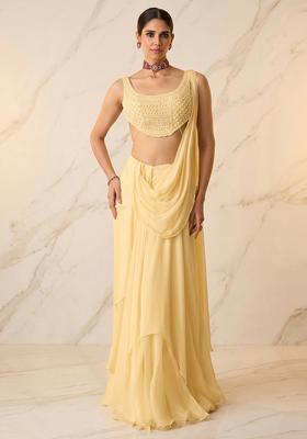 Yellow Embroidered Handwork Pre Draped Saree Set