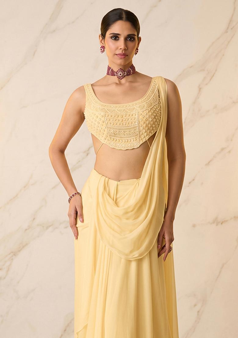 Yellow Embroidered Handwork Pre Draped Saree Set - Indya