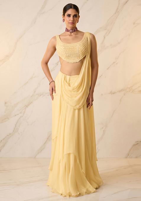 Yellow Embroidered Handwork Pre Draped Saree Set