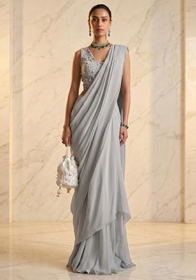 Grey Embroidered Handwork Pre Draped Saree Set