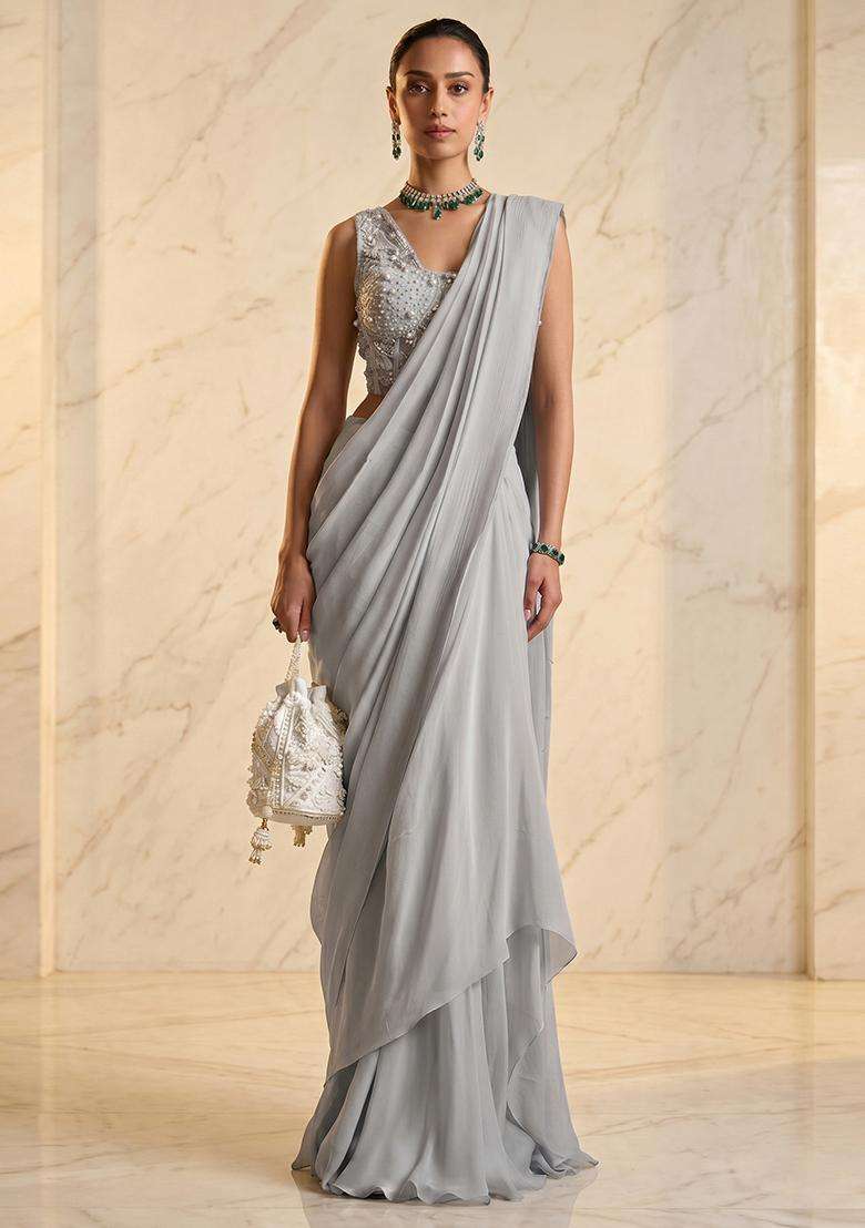 Grey Embroidered Handwork Pre Draped Saree Set - Indya