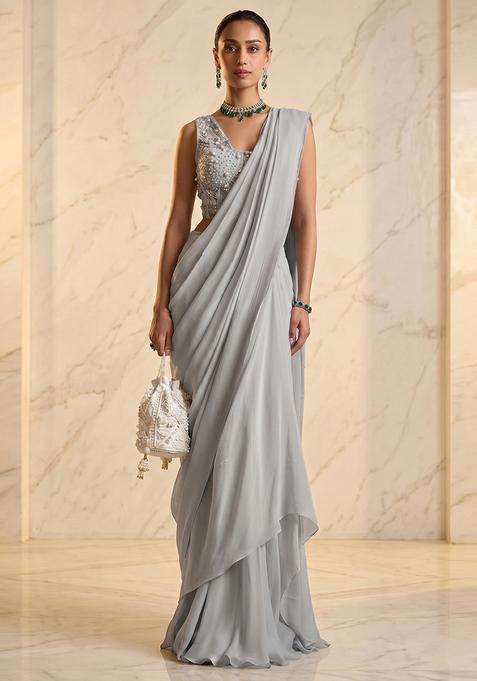 Grey Embroidered Handwork Pre Draped Saree Set