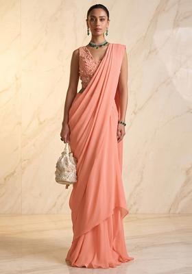 Peach Embroidered Handwork Pre Draped Saree Set