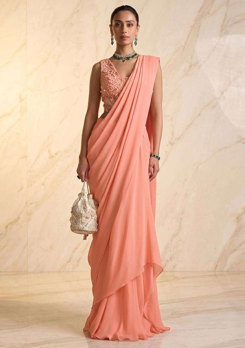 Peach Embroidered Handwork Pre Draped Saree Set - Indya