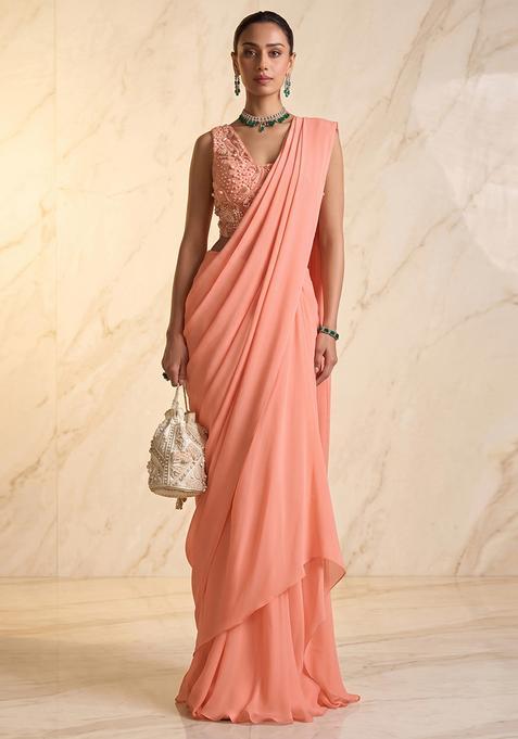 Peach Embroidered Handwork Pre Draped Saree Set