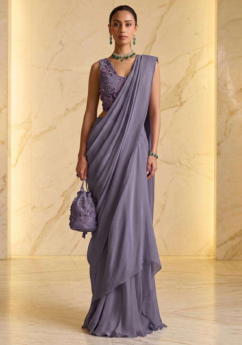 Purple Embroidered Handwork Pre Draped Saree Set - Indya