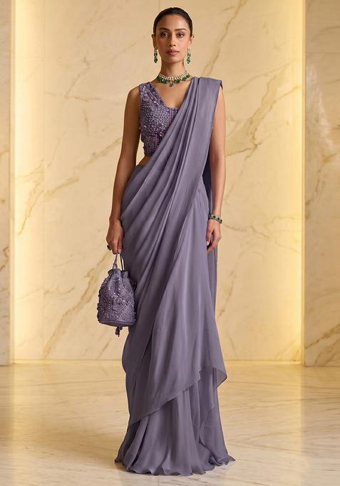 Purple Embroidered Handwork Pre Draped Saree Set