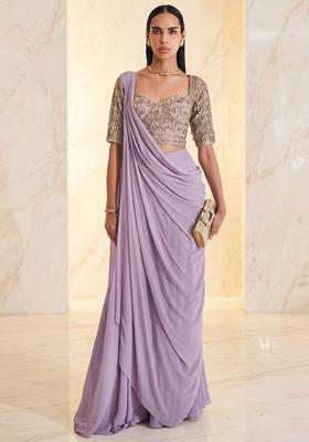 Lilac Embroidered Handwork Pre Draped Saree Set