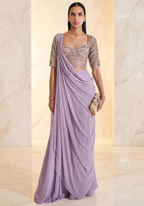 Lilac Embroidered Handwork Pre Draped Saree Set
