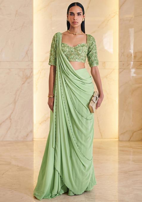 Light Green Embroidered Handwork Pre Draped Saree Set