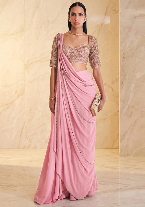 Pink Embroidered Handwork Pre Draped Saree Set