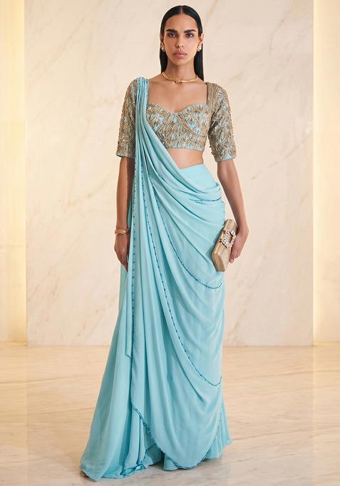 Light Blue Embroidered Handwork Pre Draped Saree Set
