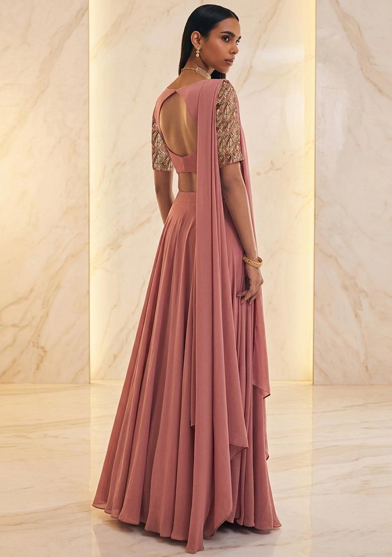 Dusty Pink Embroidered Handwork Pre Draped Saree Set - Indya
