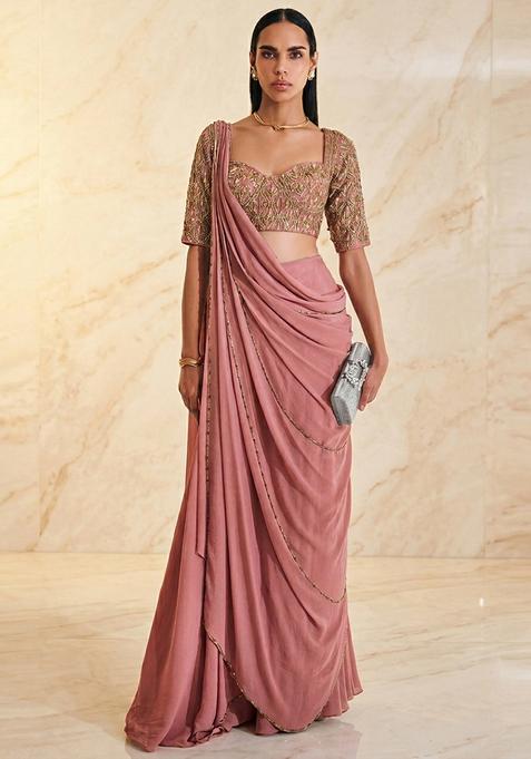 Dusty Pink Embroidered Handwork Pre Draped Saree Set