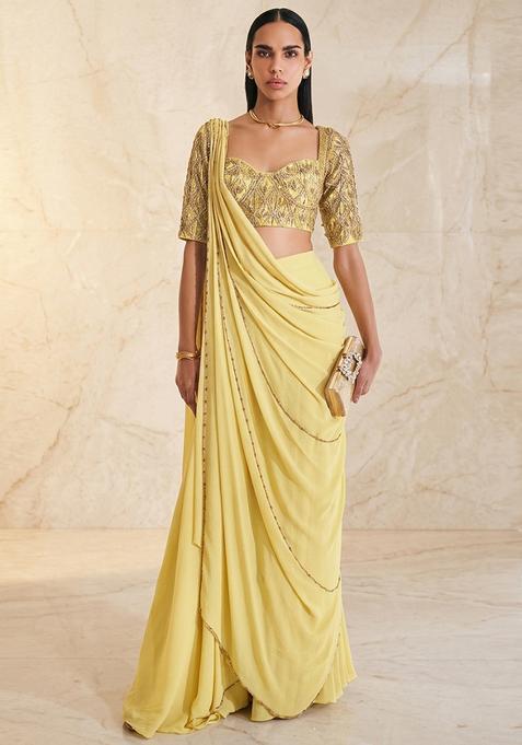 Lime Green Embroidered Handwork Pre Draped Saree Set