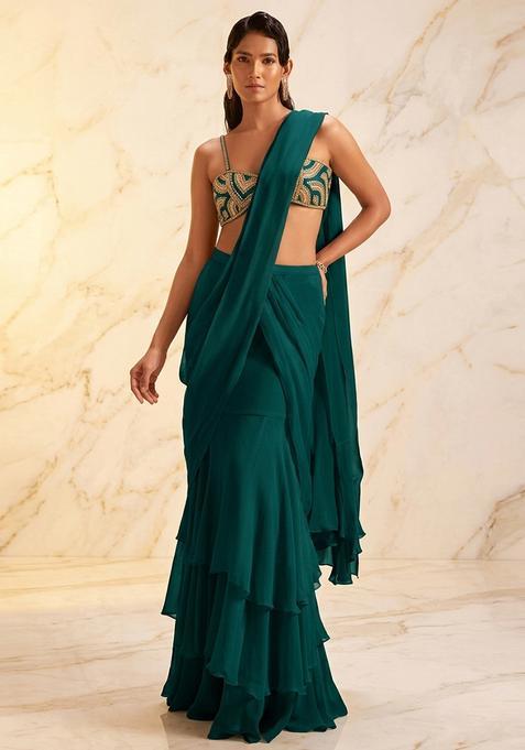 Dark Green Embroidered Handwork Pre Draped Saree Set