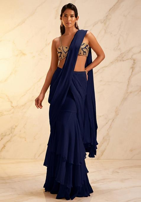 Navy Blue Embroidered Handwork Pre Draped Saree Set