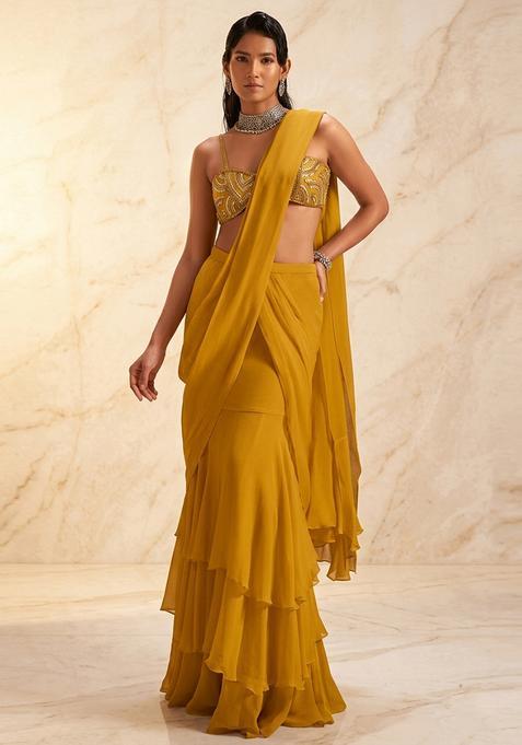 Mustard Yellow Embroidered Handwork Pre Draped Saree Set
