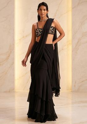 Black Embroidered Handwork Pre Draped Saree Set