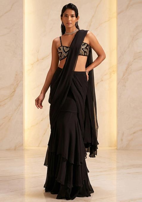 Black Embroidered Handwork Pre Draped Saree Set
