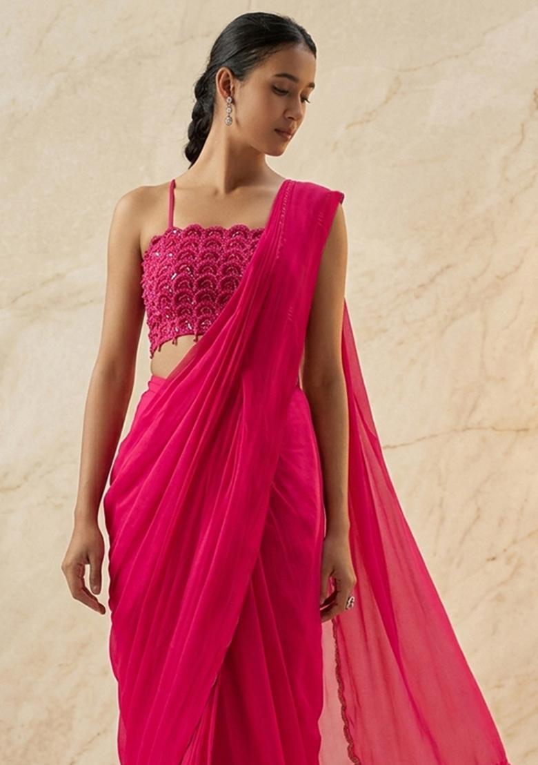 Pink Embroidered Handwork Pre Draped Saree Set - Indya