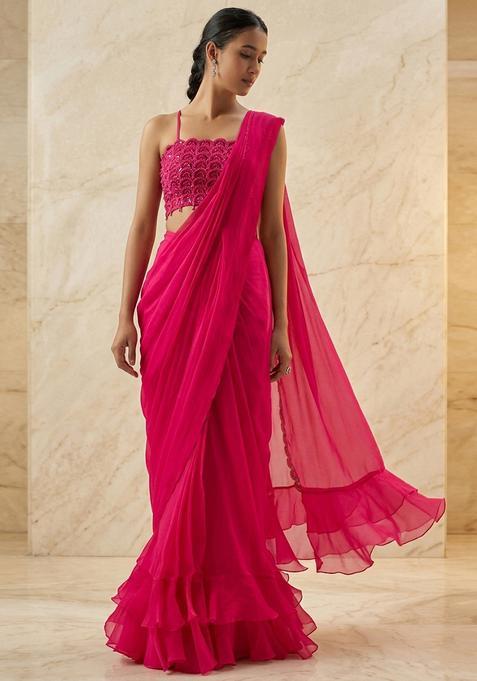Pink Embroidered Handwork Pre Draped Saree Set