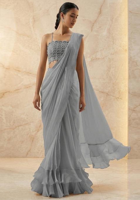 Grey Embroidered Handwork Pre Draped Saree Set