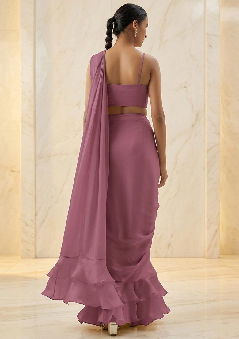 Mauve Embroidered Handwork Pre Draped Saree Set - Indya