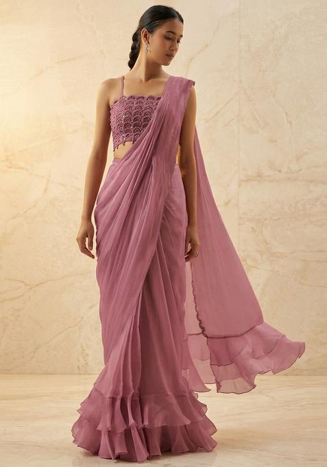 Mauve Embroidered Handwork Pre Draped Saree Set