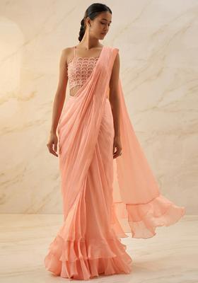 Peach Embroidered Handwork Pre Draped Saree Set