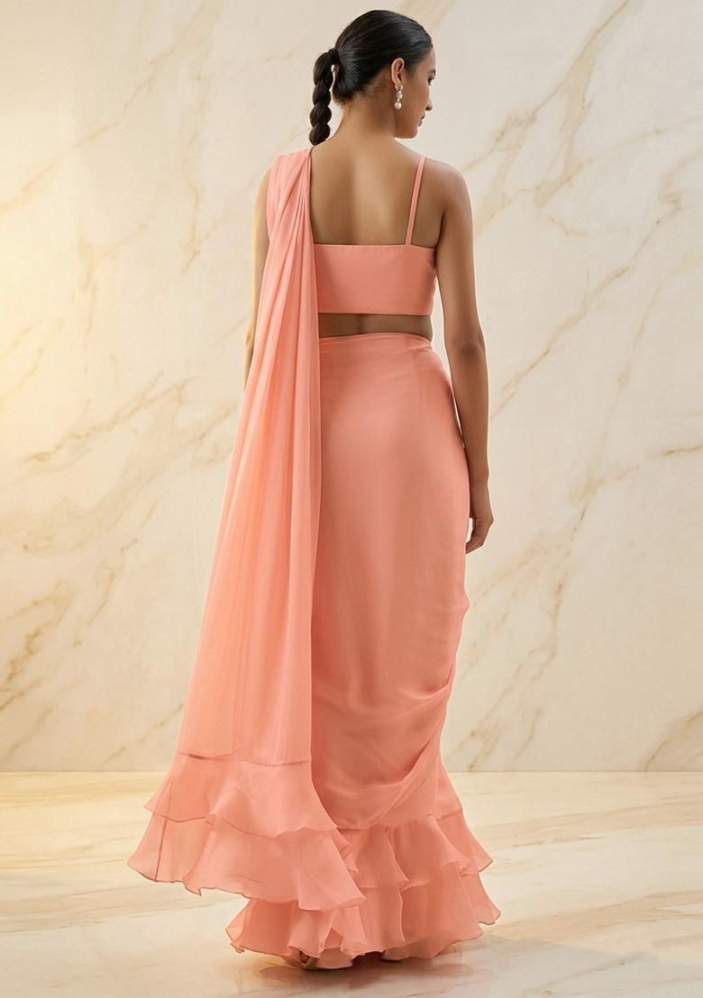 Peach Embroidered Handwork Pre Draped Saree Set - Indya
