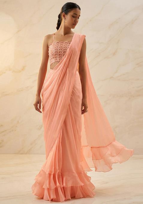 Peach Embroidered Handwork Pre Draped Saree Set