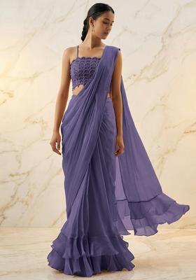 Purple Embroidered Handwork Pre Draped Saree Set